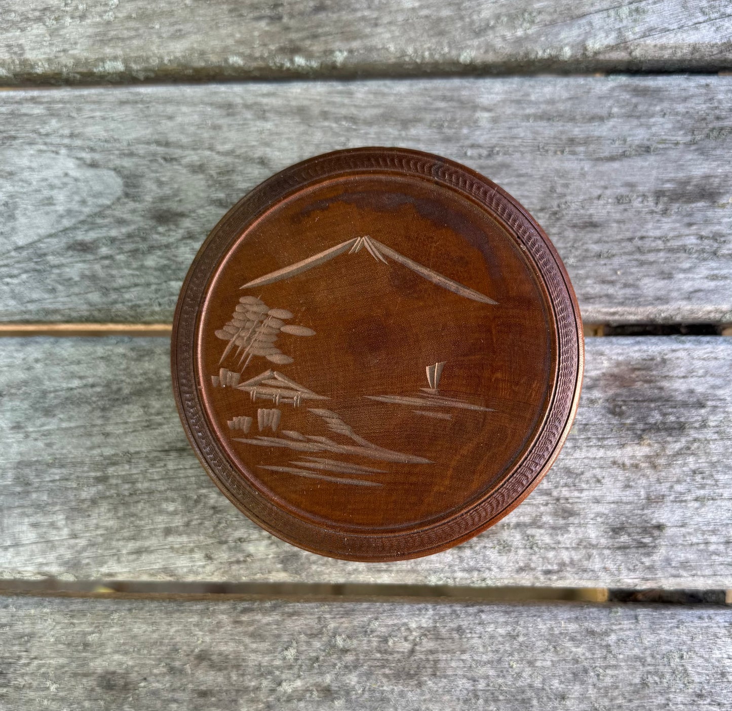 Vintage Japanese Miyajima Satsuma Etched Wood Coaster Set