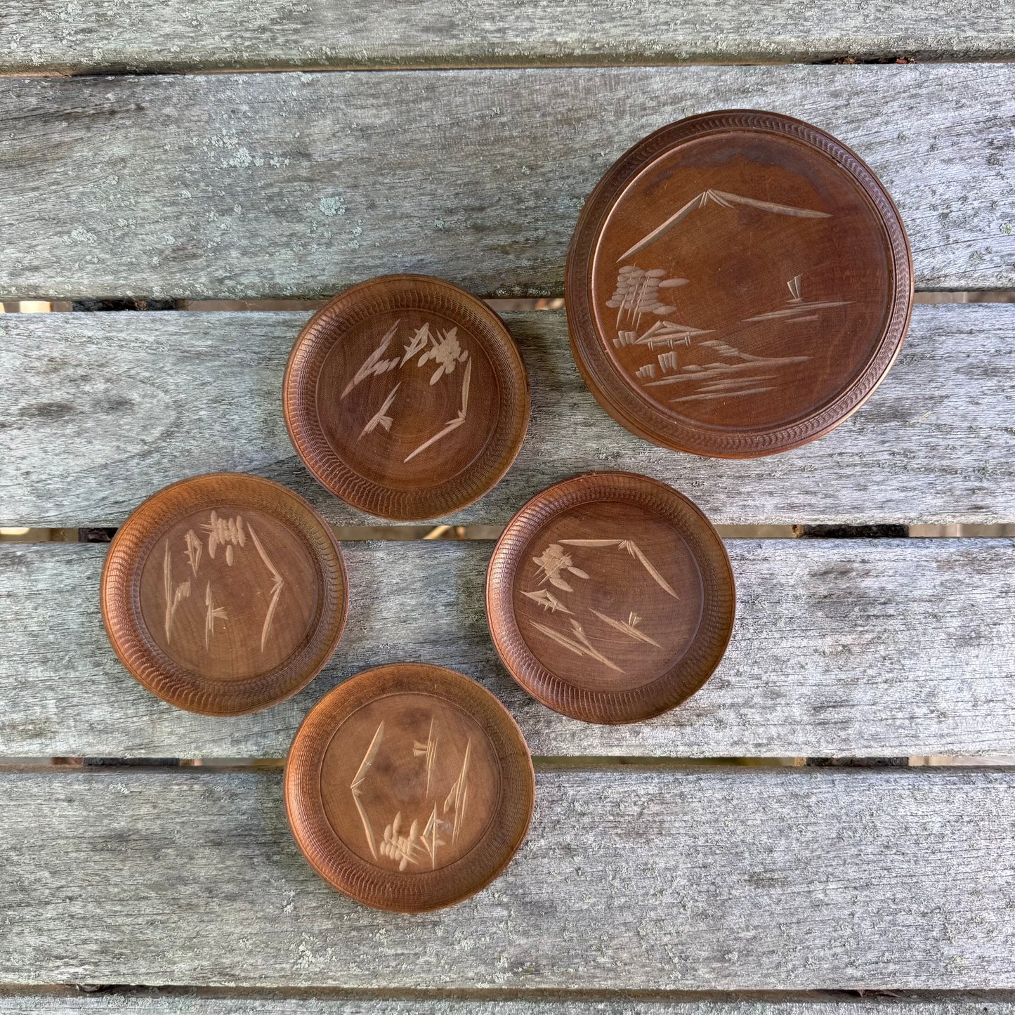 Vintage Japanese Miyajima Satsuma Etched Wood Coaster Set