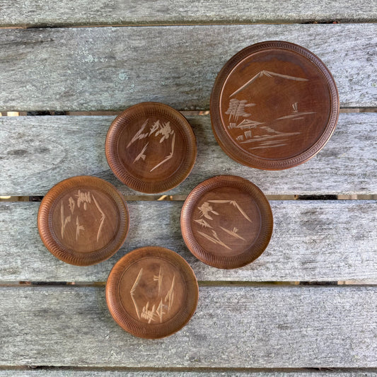 Vintage Japanese Miyajima Satsuma Etched Wood Coaster Set