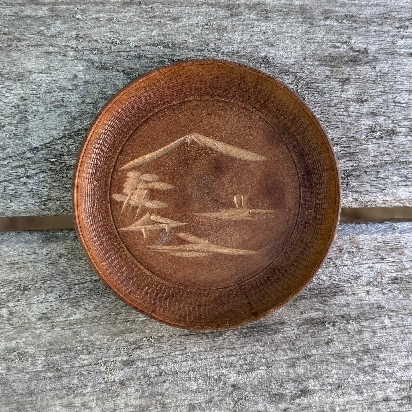 Vintage Japanese Miyajima Satsuma Etched Wood Coaster Set