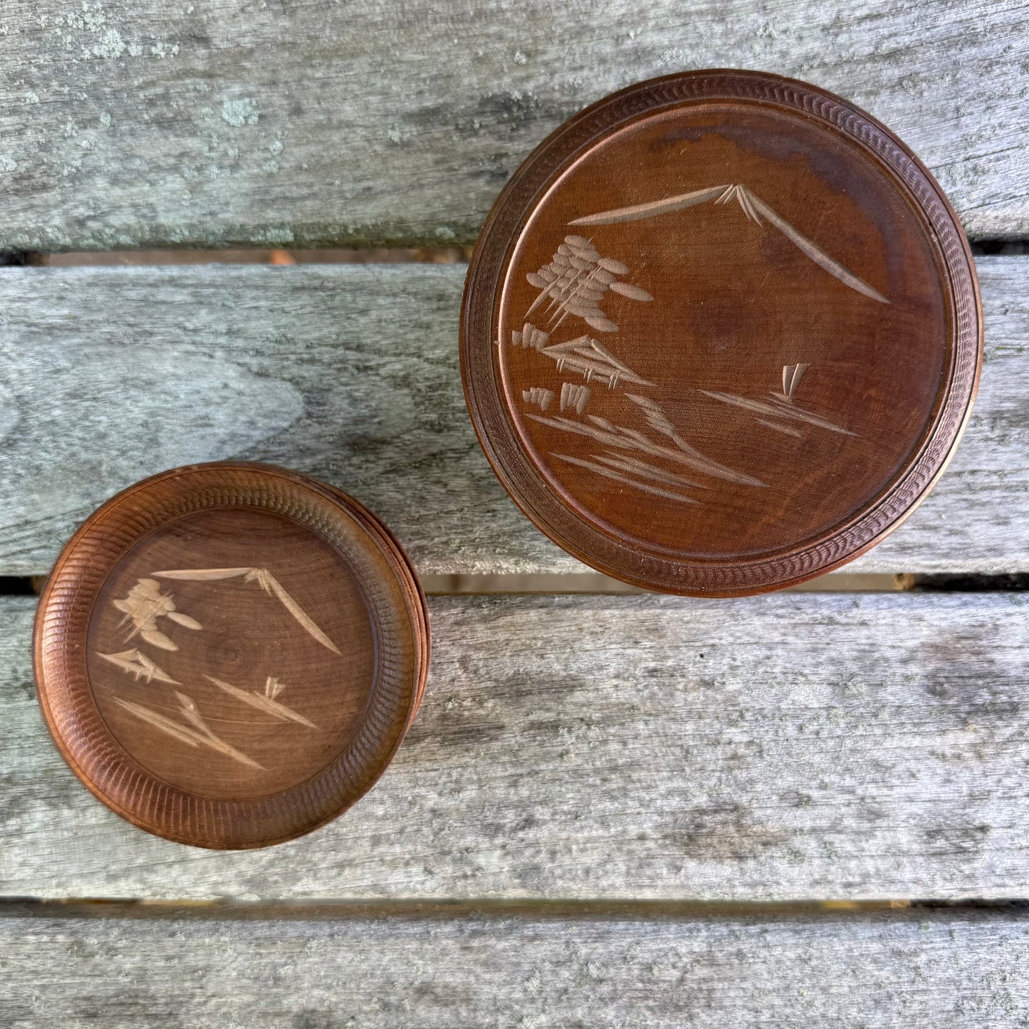 Vintage Japanese Miyajima Satsuma Etched Wood Coaster Set