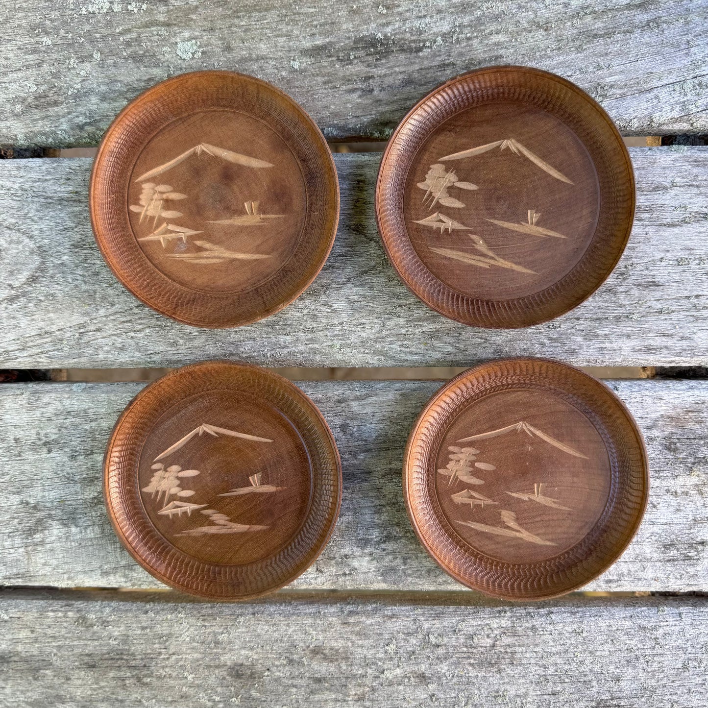 Vintage Japanese Miyajima Satsuma Etched Wood Coaster Set