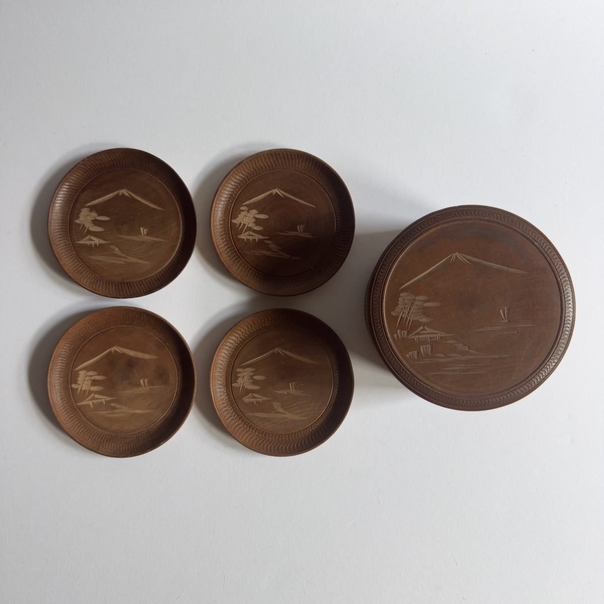 Vintage Japanese Miyajima Satsuma Etched Wood Coaster Set