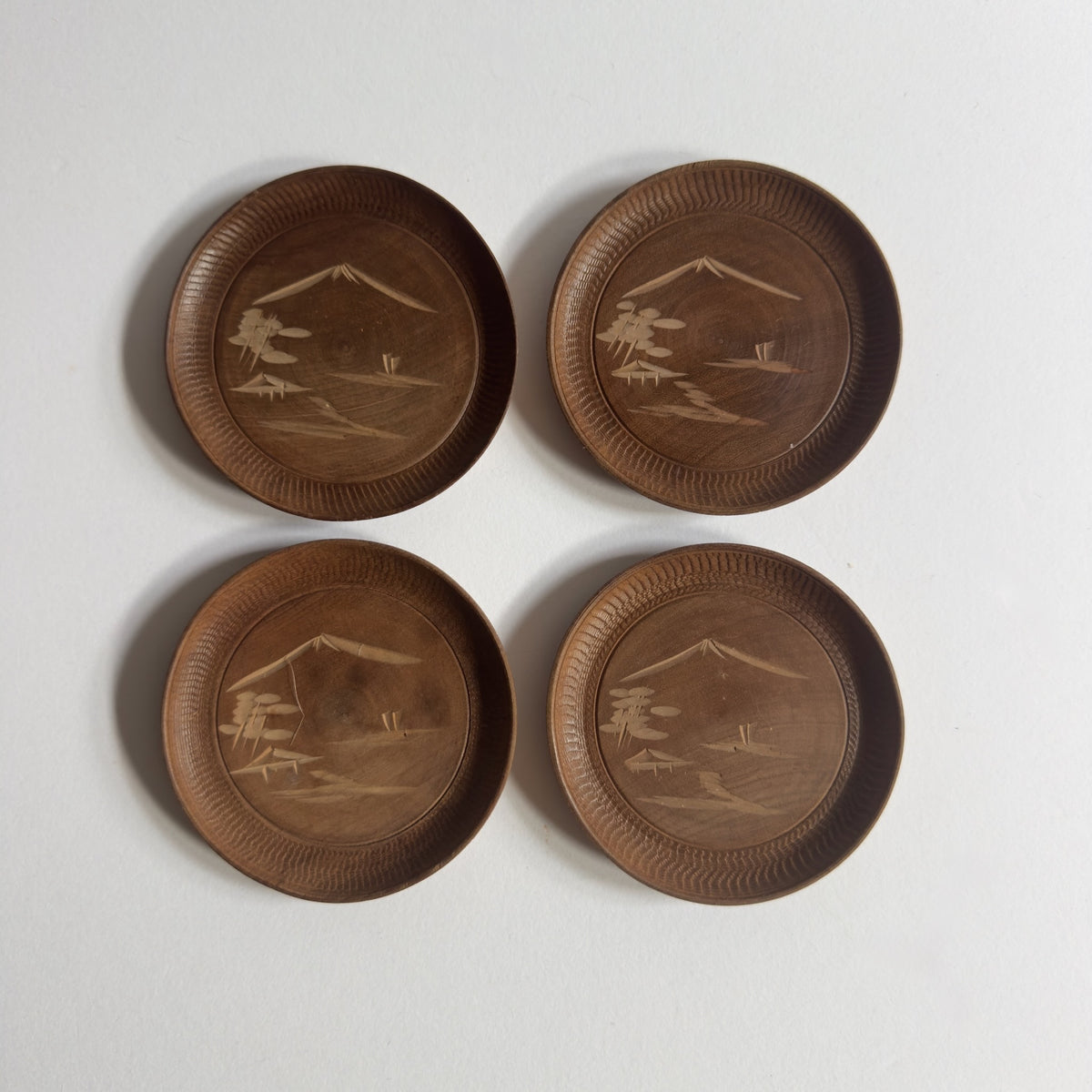 Vintage Japanese Miyajima Satsuma Etched Wood Coaster Set