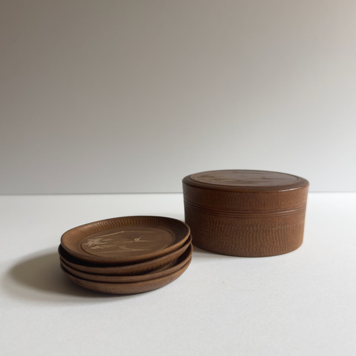 Vintage Japanese Miyajima Satsuma Etched Wood Coaster Set