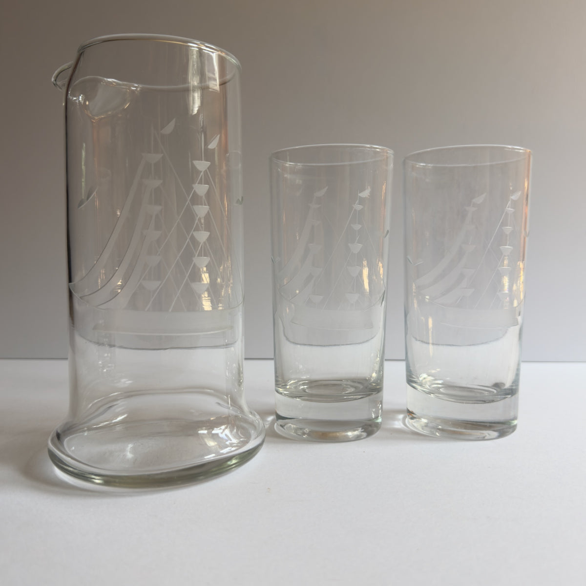 Vintage Javit Clipper Ship Collection Cut Crystal Glass Martini Pitcher & Highball Glasses