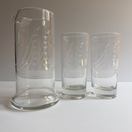 Vintage Javit Clipper Ship Collection Cut Crystal Glass Martini Pitcher & Highball Glasses